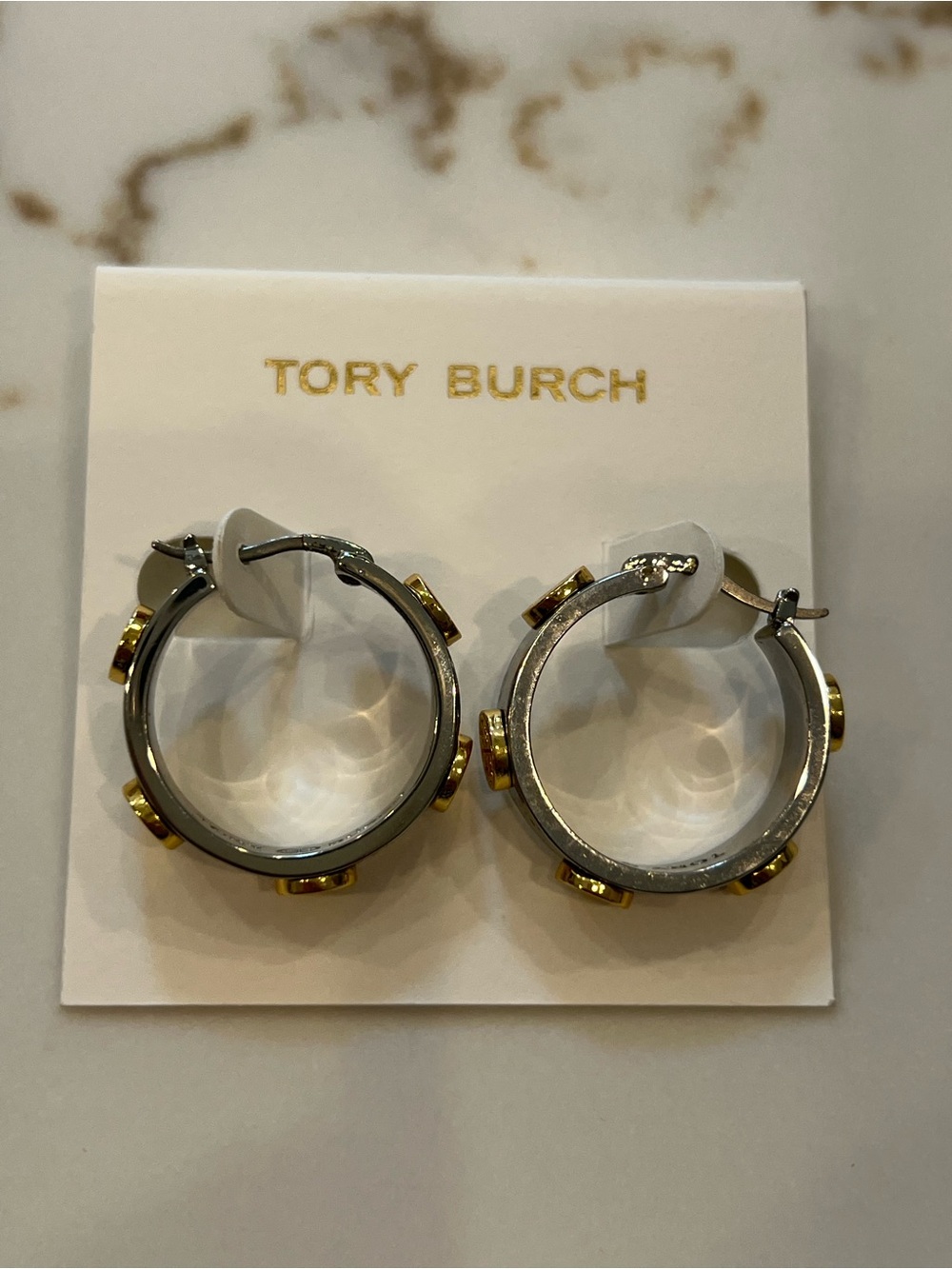 Tory Burch Two-Tone Silver and Gold Embellished Hoop Earrings